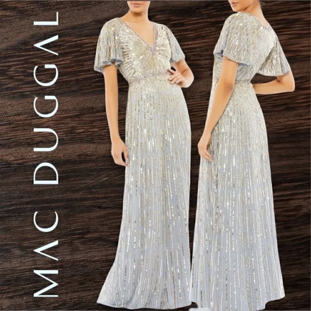 MAC DUGGAL Women’s Embellished V-Neck Butterfly Sleeve Column Gown in the Size 6